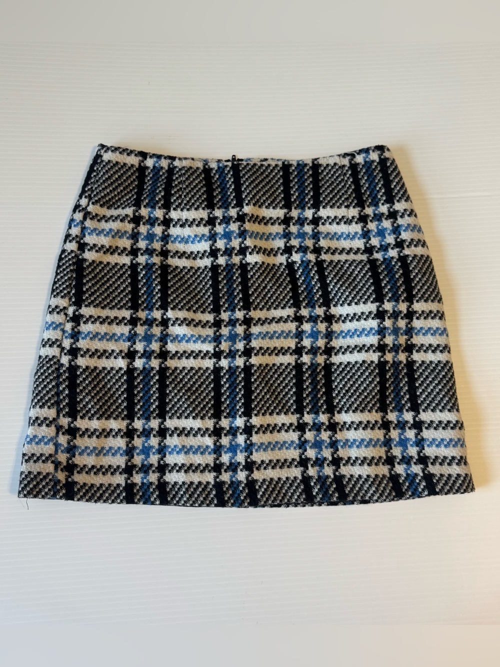 New Look Blue Black White Plaid Tweed Wool Mini Skirt Clueless Y2K Preppy 8